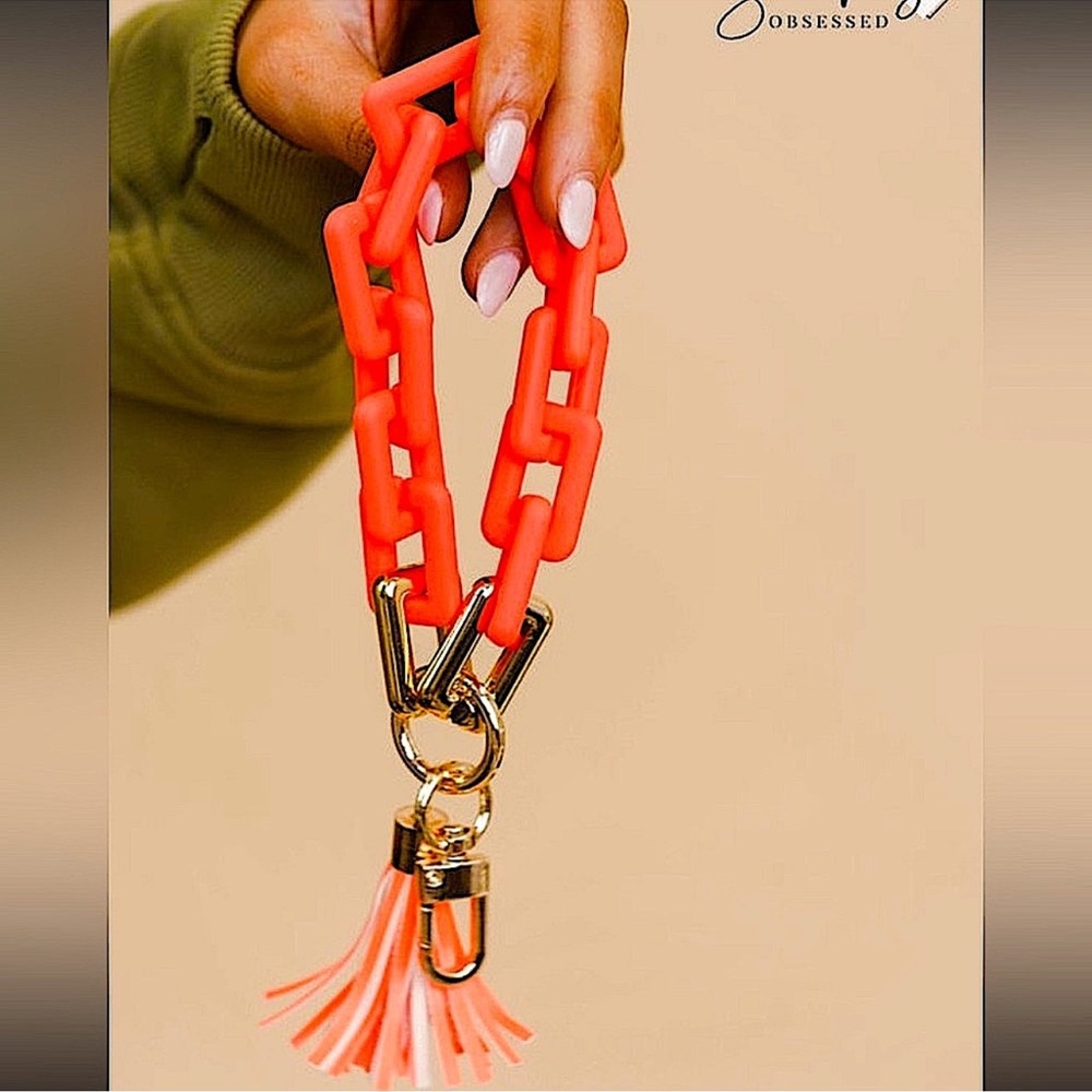 🆕🌿🧡NEON ORANGE RECTANGLE Rubber Coated Keychain Wristlet